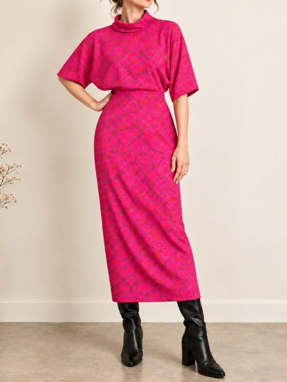 Vintage 80s Acacia by Ophelia Pink Floral Tapered Midi Dress